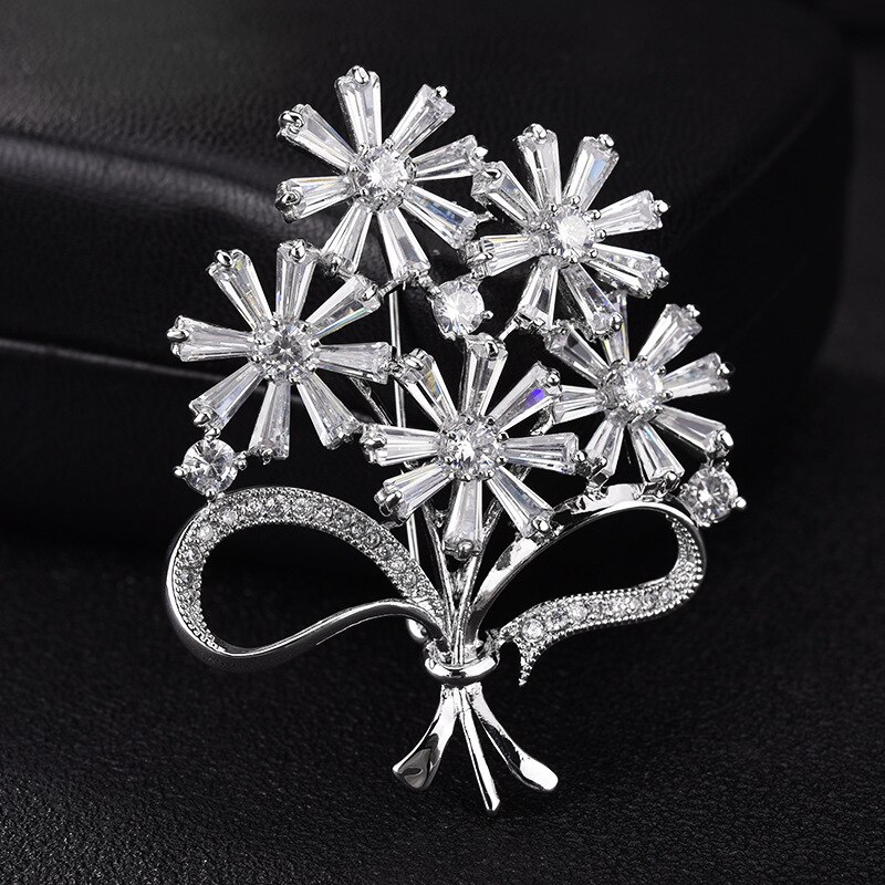 RED TREES Brooch - Women's Luxury AAA Zirconia Flower Plant Shape - Sterling Silver Plated Alloy - Party Jewelry