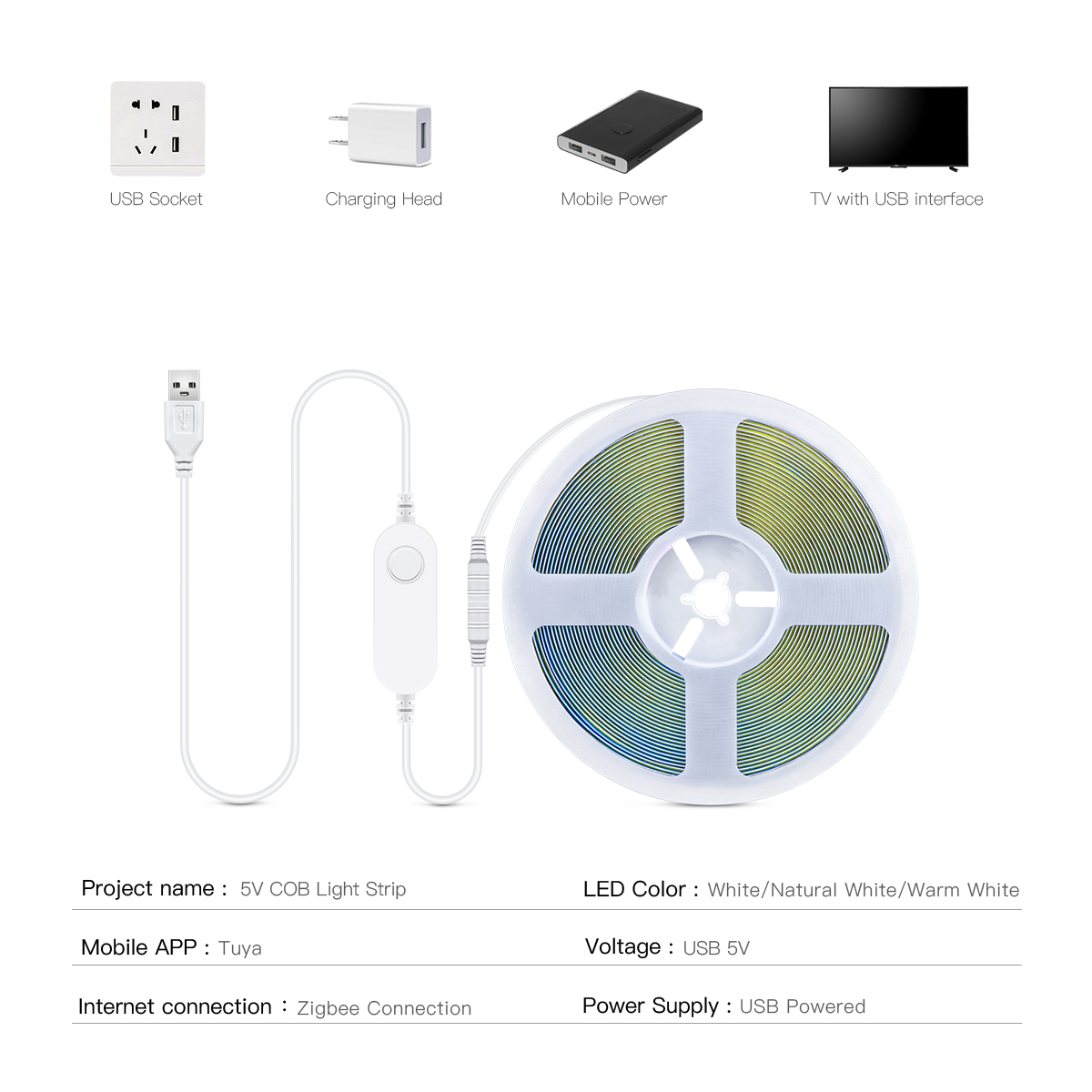 Tira de luces LED ZigBee COB, luces inteligentes Tuya Alexa, cinta LED de neón regulable USB de 5V con controlador de atenuación Wifi, decoración para dormitorio, habitación y cocina