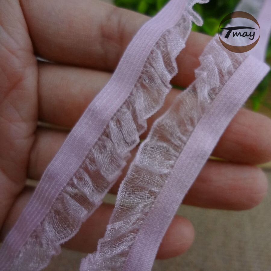 #1020 roze ruche kant trim 13mm 6 yards/lot elastische kant Vouw Chiffon Garen Kant haar Elastische bands Gaas Ruches DIY Kleding