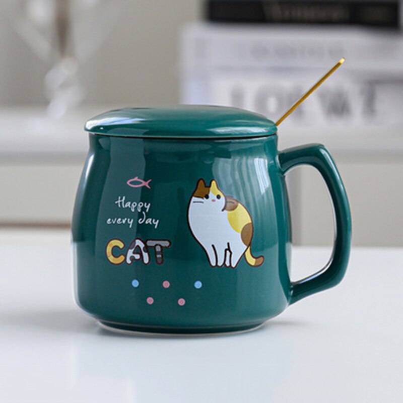 2 stuks kattenmokken schattige keramische koffiekopjes set van 2 met Kawaii bamboe deksel en lepel nieuwigheid ochtendbeker koffie melk thee mokken - 3D dieren kat mokken voor (Groen en rood