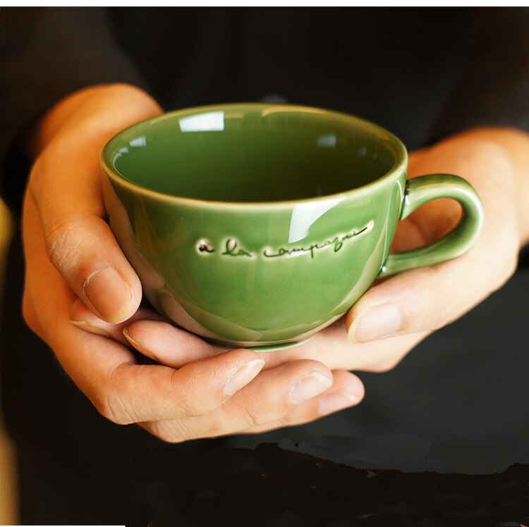 Taza verde creativa de cerámica de 230 ml con platos, tazas de té verdes con salsa de porcelana