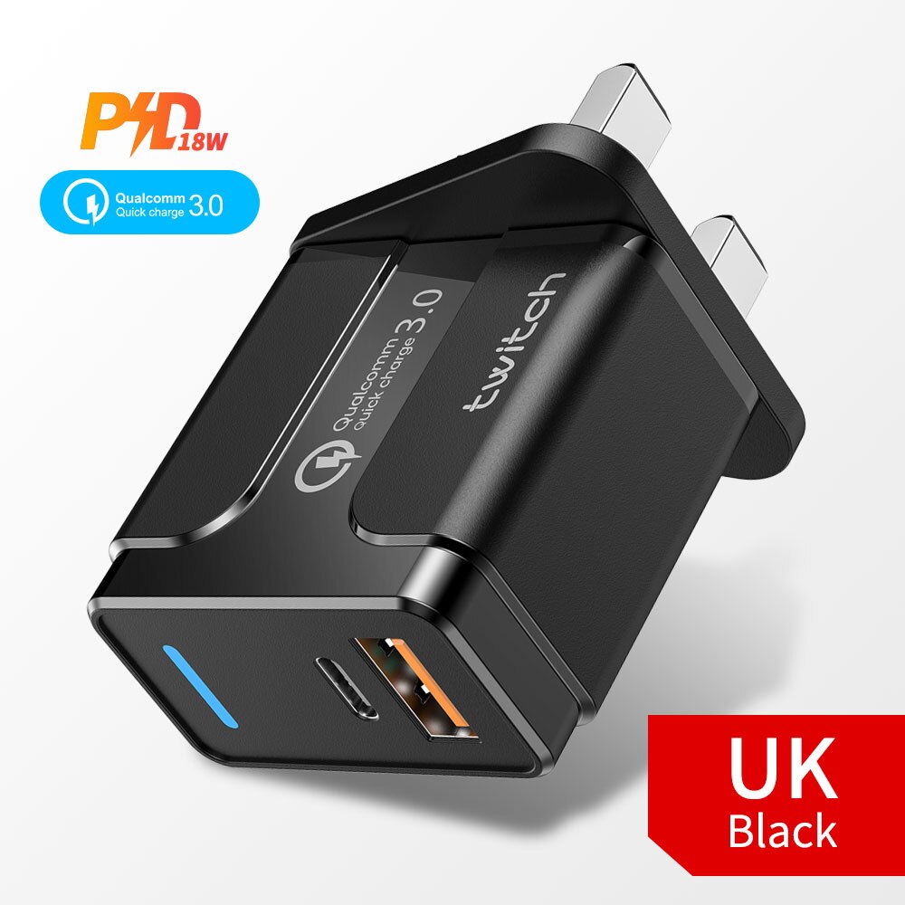 Twitch Quick Charge 3.0 18W PD USB Wall Charger for Samsung Xiaomi iPhone 11 Pro X Charging UK Adapter Fast Mobile Phone Charger: UK Black