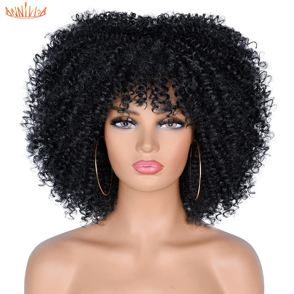 Short Hair Afro Kinky Curly Wigs With Bangs African Synthetic Ombre Cosplay Wigs For Black Women High Temperature: #1B