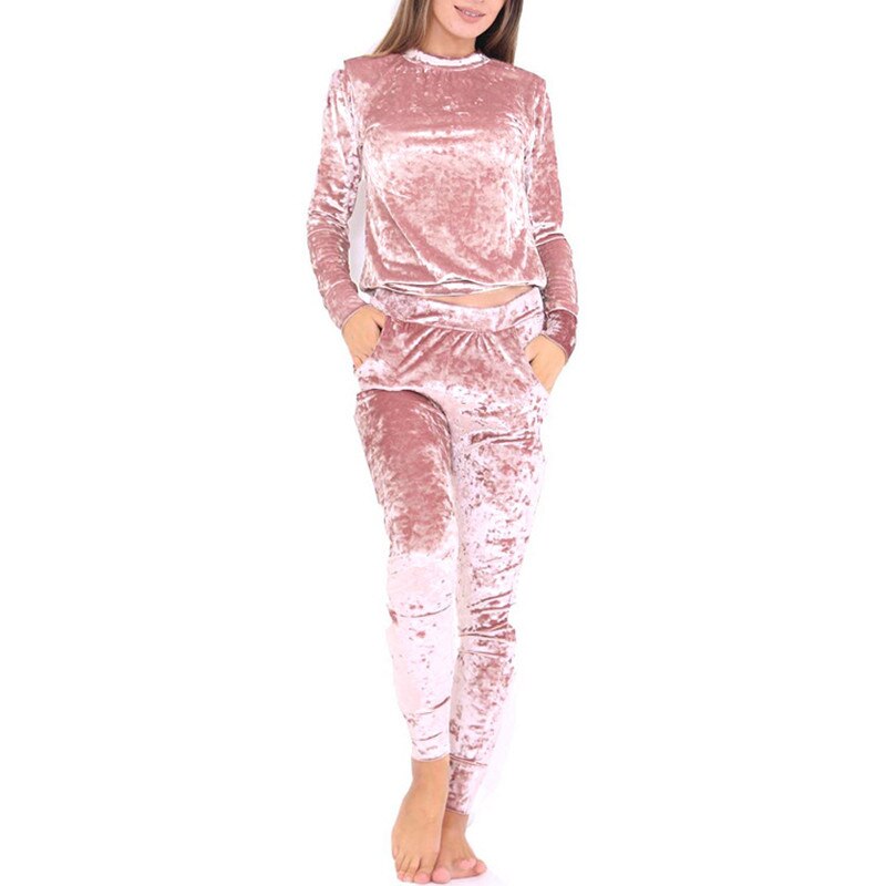 Autumn Women Warm Velvet 2 Two Piece Set Tracksuit Velor Smooth Soft Home Suit Women Fitness Set: Pink / M