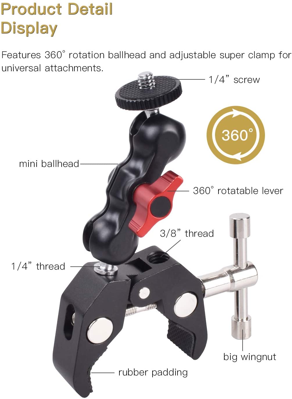 Camera Mount Clamp with 360° Ballhead Arm, for DSLR Camera/Field Monitor/LED