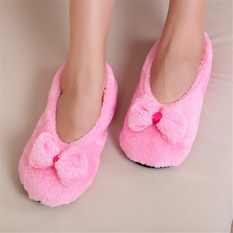 Suihyung Vrouwen Slippers Winter Warm Pluche Indoor Vloer Sokken Zachte Katoenen Schoenen Leuke Boog Dames Bont Slides Home Pluizige Slip op: Roze / 8
