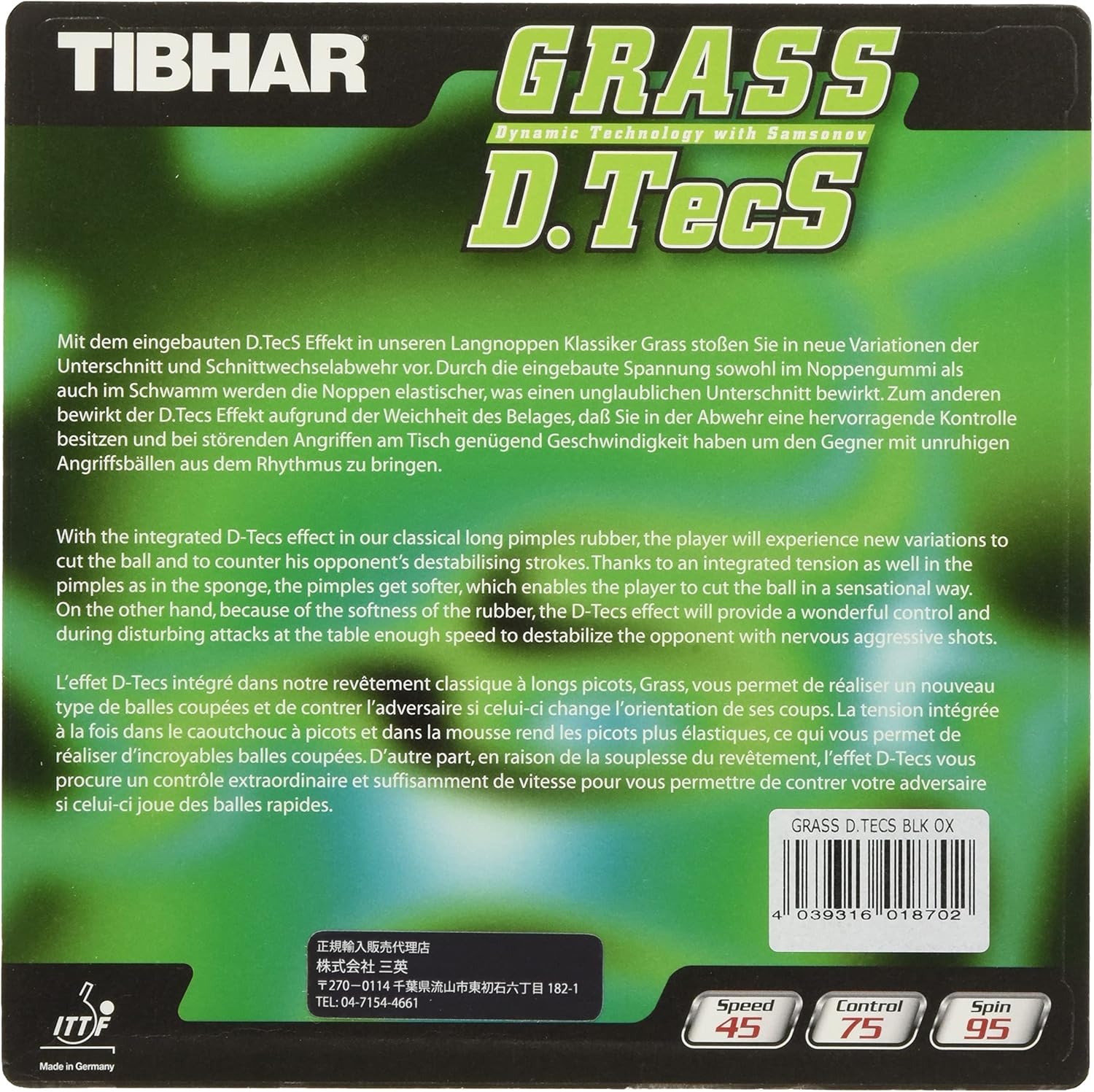 Tibhar Grass D.Tecs - Plaquette Longue Picots Pour Tennis De Table