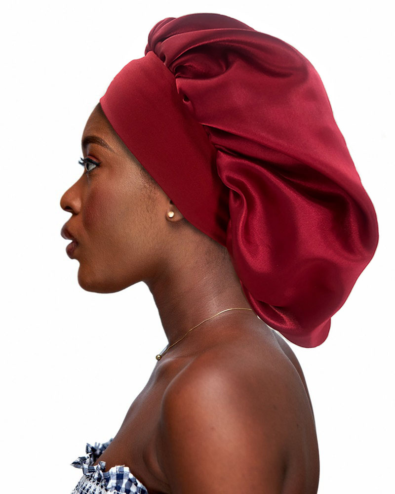 Gorro de satén grande, gorro de seda para dormir, gorro para dormir con banda elástica suave, gorros grandes para el cuidado del cabello de las mujeres: Borgoña
