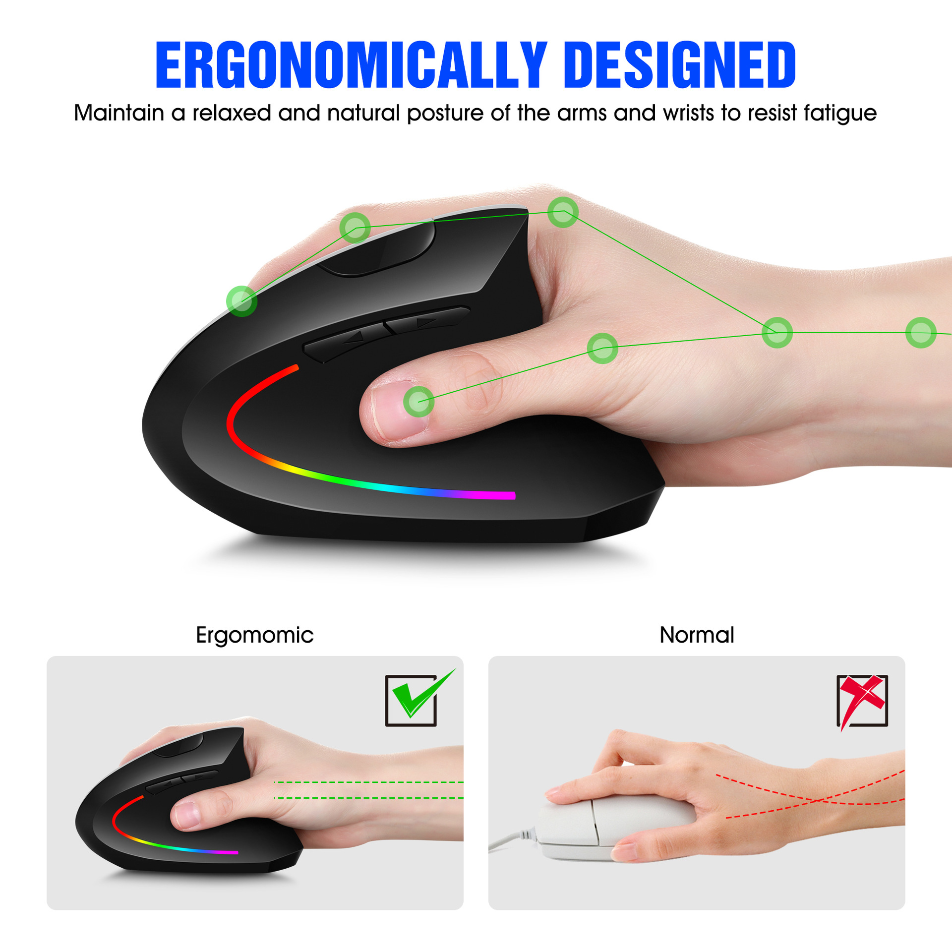 Wireless Vertical Mouse Bluetooth 2.4G Dual Mode 6 Keys Ergonomic 2400 DPI RGB Backlight Type C Muted Click Gaming H1