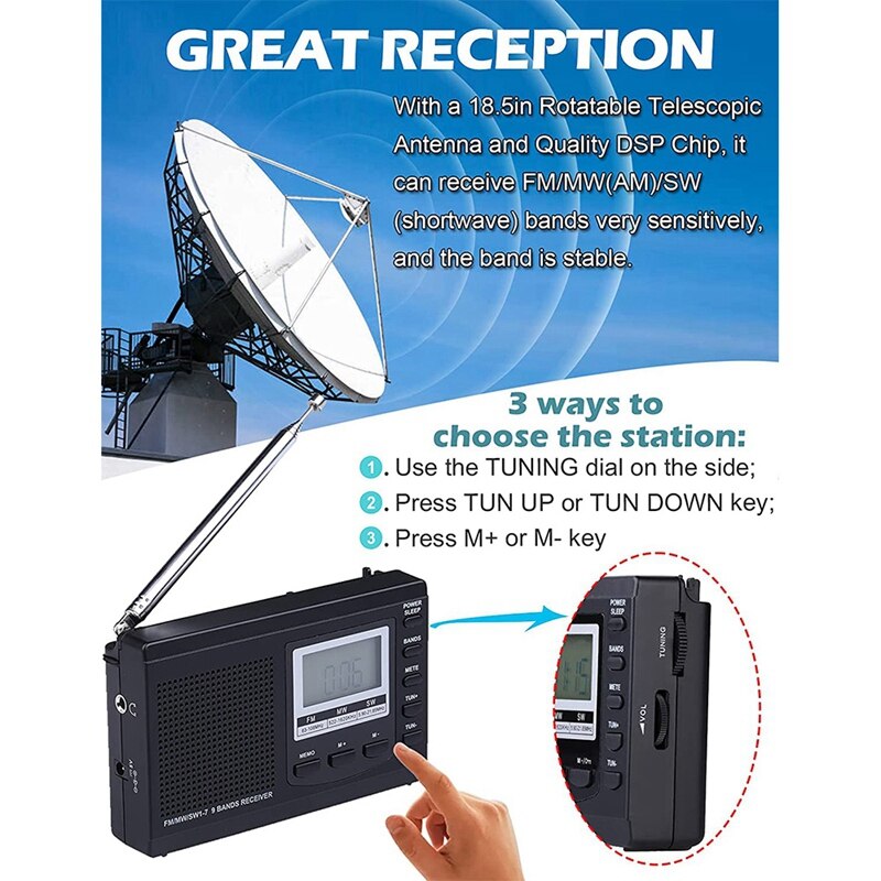 Portable AM FM Shortwave Radios,Battery Operated Clock Radio With Preset,Alarm Clock Digital Tuner With Sleep Timer
