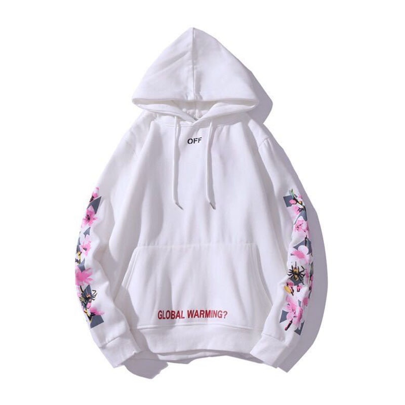 Hip Hop High Street Hoodie Men Sweatshirt Peach Flowers Print Hooded Fleece Harajuku White Pullover Couple Oversized Hoodie