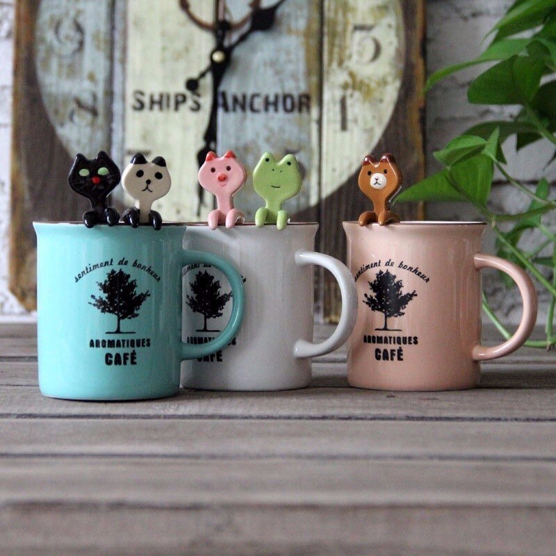 Kawaii Ceramic Coffee Tea Sauce Spoon Panda Bear Frog Cat Animal Shape Sauce Scoop Stirring Mixing Spoon coffee scoop with clip