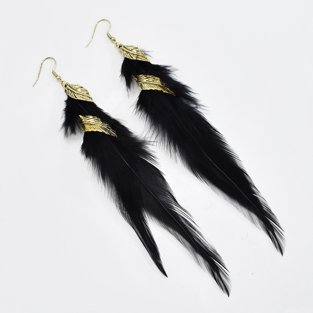 Pendientes de plumas largas bohemias de 6 colores, pendientes colgantes de plumas de hoja Retro elegantes a la para mujer, accesorios de vacaciones: Negro