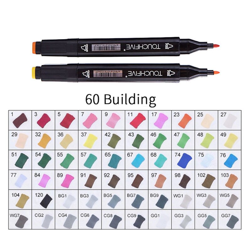 TOUCHFIVE 60 Colors Pen Marker Set Dual Head Sketch Markers Cheap Alcohol Marker Pen For Draw Manga Animation Art Supplie: 60-building-black