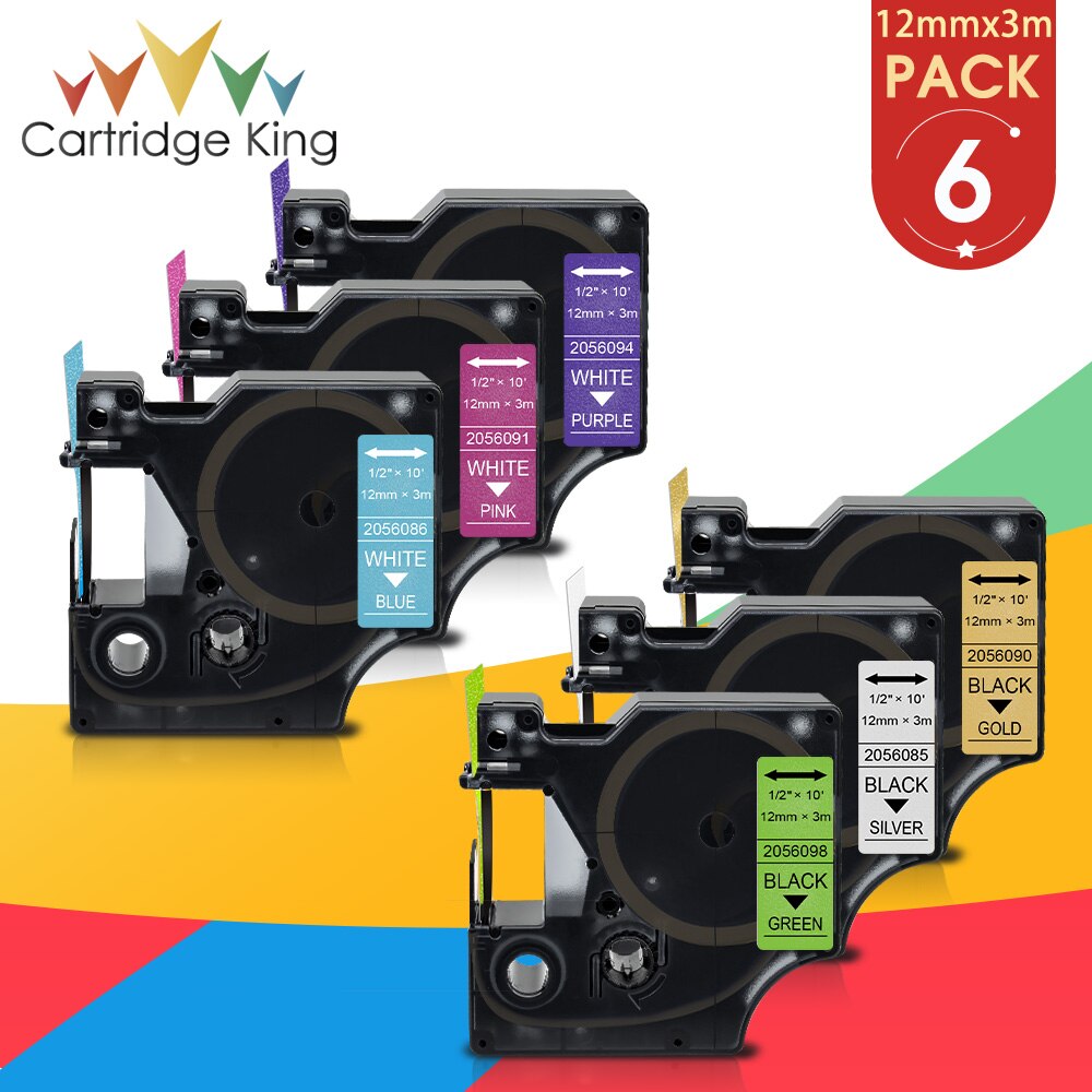 6PK 12Mm Zwart Op Wit Glitter Label Tape Vervangen Dymo D1 45021 45013 2056121 2056091 2056094 2056098 Voor Dymo labelmanager 160: 6 Color-4