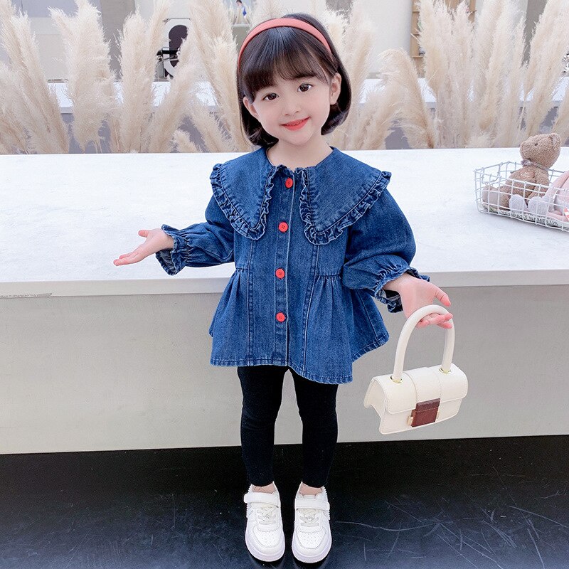Primavera autunno bambini giacca Casual Top ragazze colletto per bambole Jean cappotti bambine Denim capispalla Costume per bambini 1-6Y