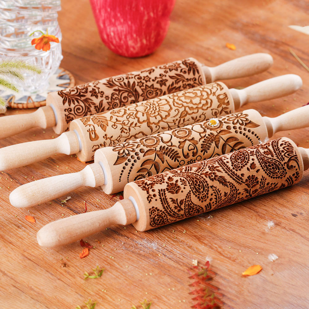 1 pcs Wooden Sunflower Embossed Rolling Pin with Pattern for Kitchen Pastry, Baking Tools, Deep Engraving Cookies Stamp Tool