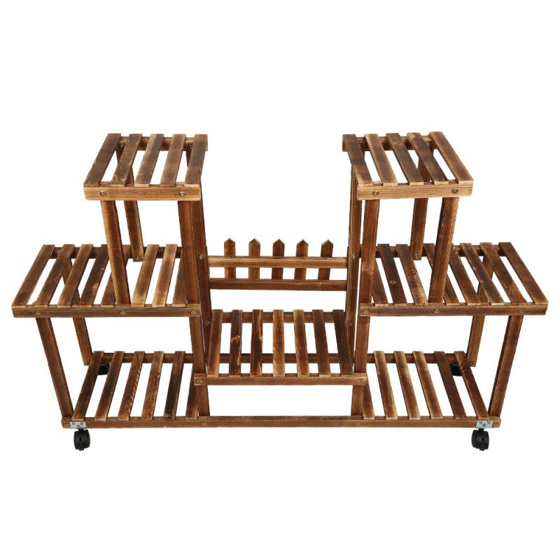 Soporte de plantas y flores de varios niveles, estante de madera, estante de exhibición de bonsái de jardín con cuatro ruedas universales, HWC