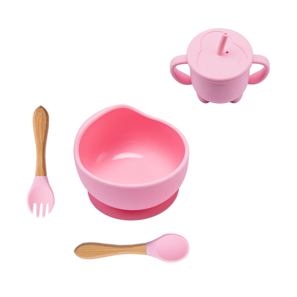 Tazón de silicona para bebé, vajilla con ventosa fuerte, taza de paja, tenedor, cuchara con forma de dibujos animados, juego de alimentación para niños sin BPA: B