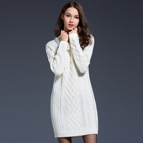 YNZZU Newest Winter Dress Women's Long Sleeve Luxury Solid Turtleneck Warm Wool Sweater Dress Knitted Clothes YD095: White / L