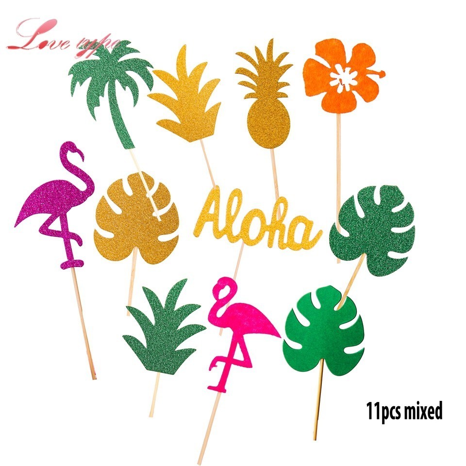 Toppers de Cupcake en forme de palmier, 1 ensemble, flamand rose, ananas, Aloha, décorations pour fête de piscine d'été, mariage, anniversaire, réception pour bébé