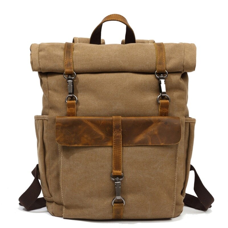 Canvas Leather Backpacks 16" Laptop Daypack for Traveling Teenager Back Pack Student Computer Rucksacks: Khaki