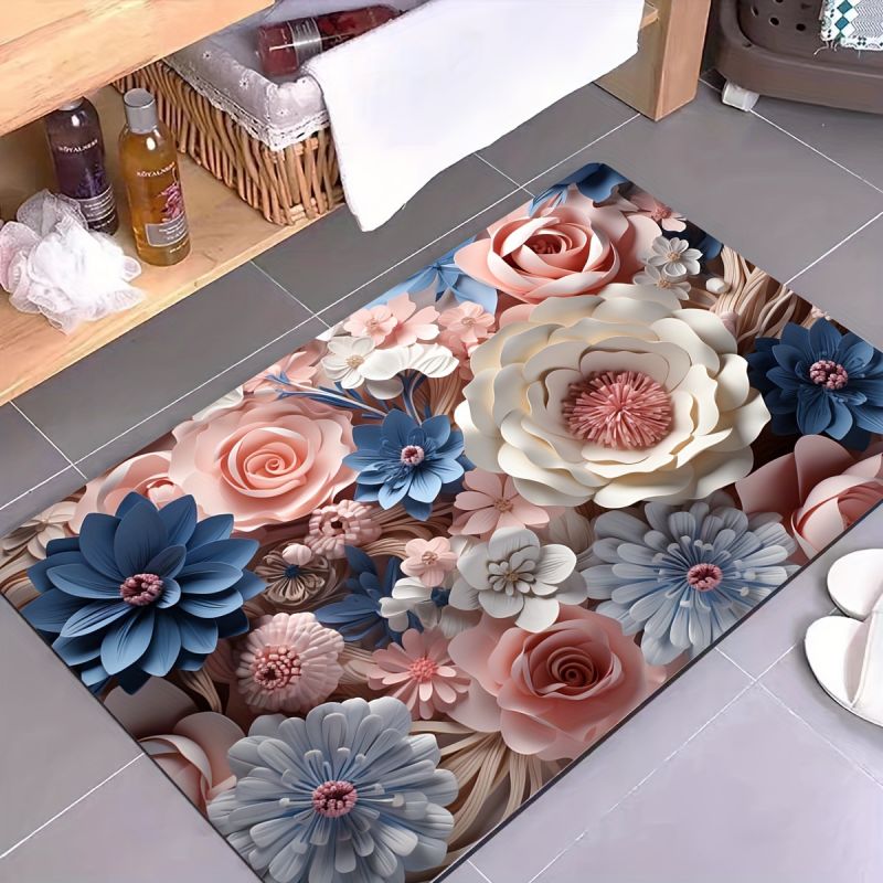 Alfombra de baño con patrón 3d de flores, alfombrilla antideslizante superabsorbente para cocina y baño, almohadilla de barro para pies, decoración de habitación del hogar, alfombras de entrada: Rosa / 1.700 mm x 2.400 mm