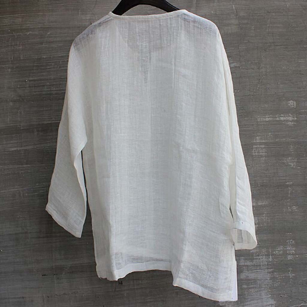 Linnen Mannen Grote Maten Heren Korte Ademend Comfy Effen Kleur Lange Mouwen Losse Casual Blouse Wit Overhemd Mannen