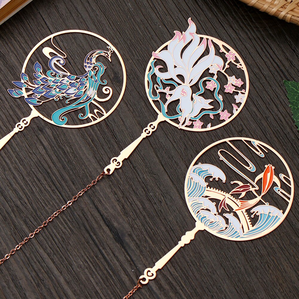 Chinese Style calligraphy and painting Bookmark Group Fan Book Clip Pagination Mark Metal Tassel Stationery School Office Supply