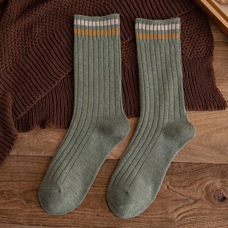 Chaussettes Vintage en coton pour femmes, longues, amples, solides, tricotées, rayées, respirantes, collection printemps-automne: Green