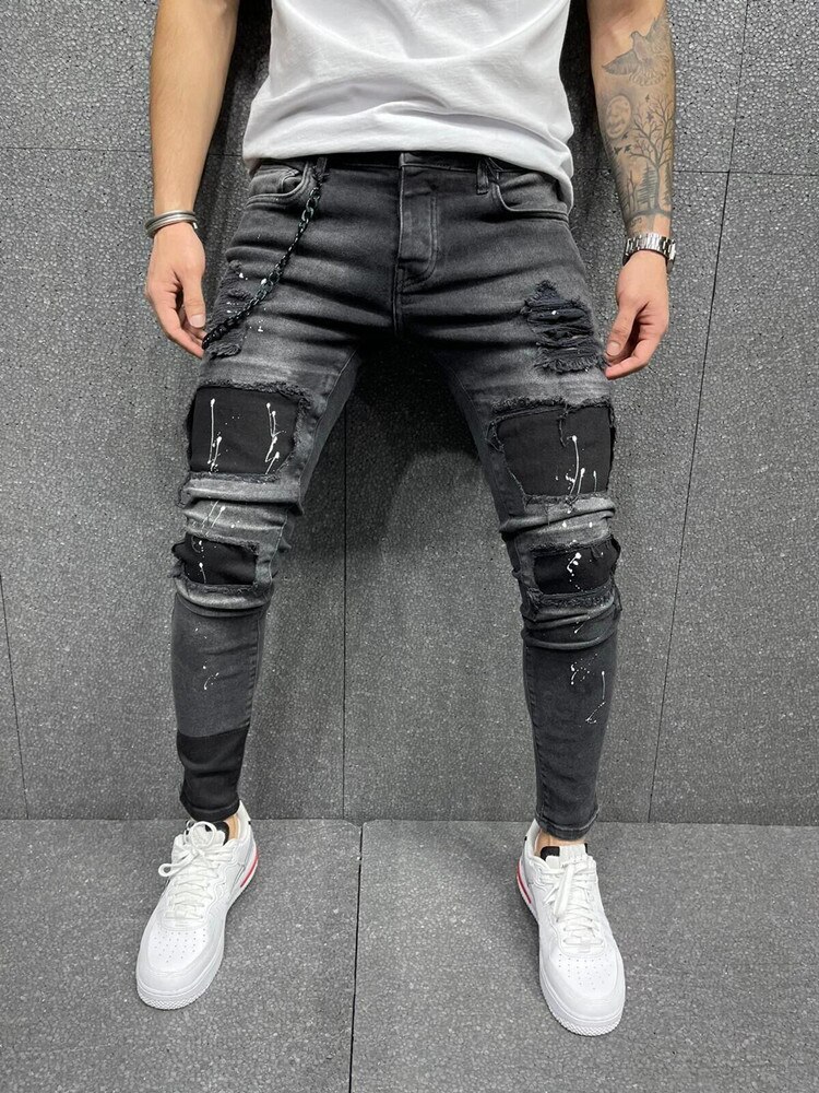 Men's Skinny Jeans Black Printed Broken Hole Patch Beggar Slim Pencil Trousers Men's Jogging Casual Pencil Long Pants: S