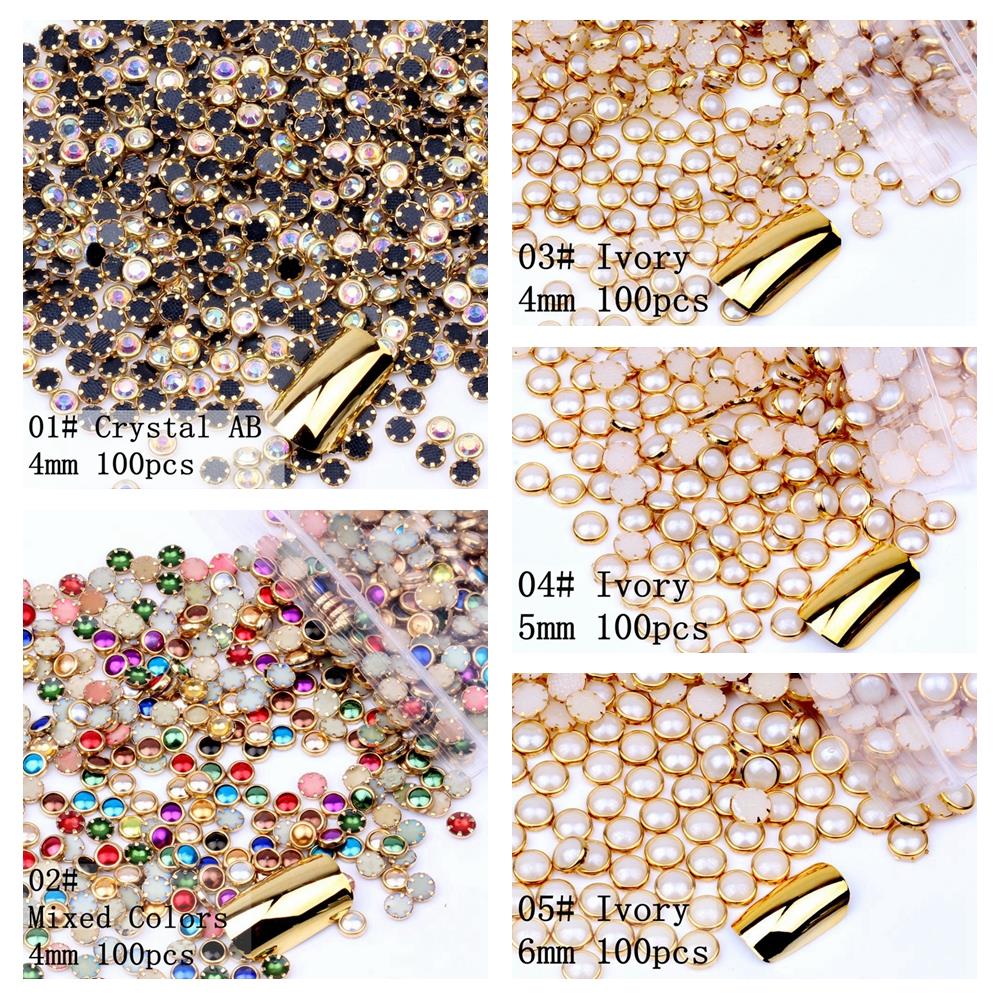 100 st 4mm 5mm 6mm många färger halvrunda pärlor metall strass diy nail art nagelpärlor skönhet glitter dekorationer