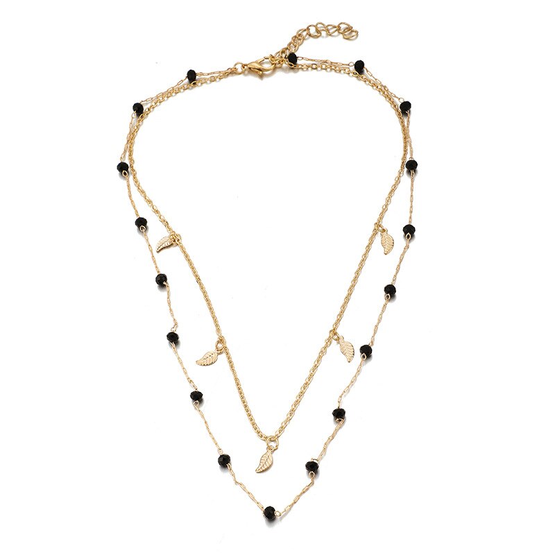 Dubbele Gelaagde Ketting Vrouwen Kwastje Charm Choker Ketting Zwarte Kralen Bohemian Ketting Metalen Goud Kleur Party Fe: Default Title