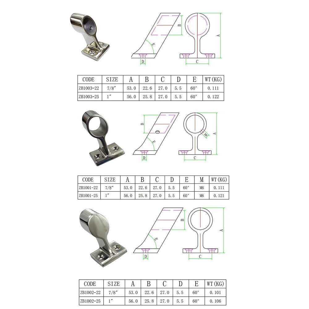2PCS Stainless Steel 316 Hand Rail Fitting Left Front Center Right End Stanchion 7/8 inch 1 inch For Boat 22mm And 25mm Tube
