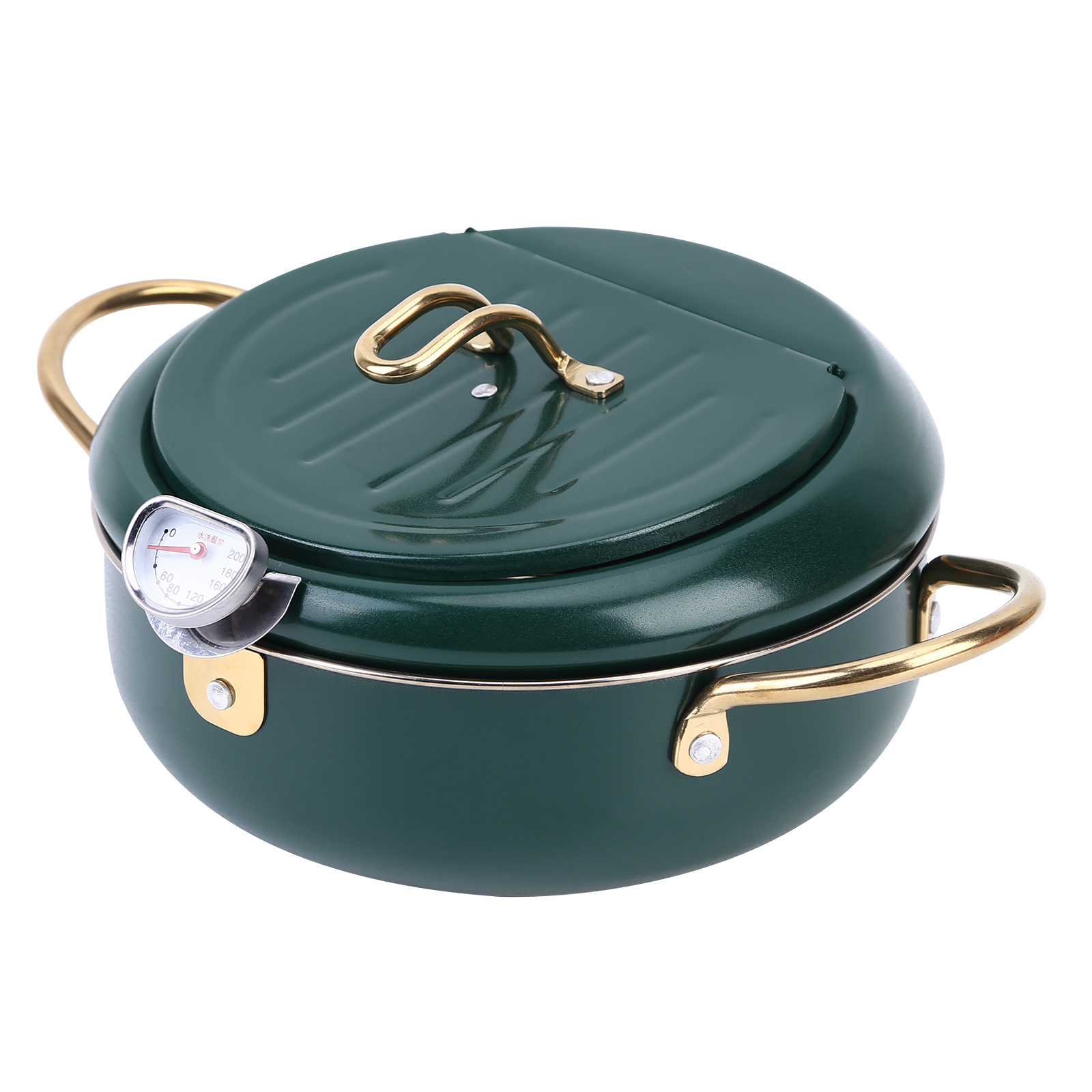 Japanese Deep Frying Pot with Thermometer Lid Oil Drip Drainer Rack 304 Stainless Steel Kitchen French Fries Tempura Fryer Pan: 20cm / Green