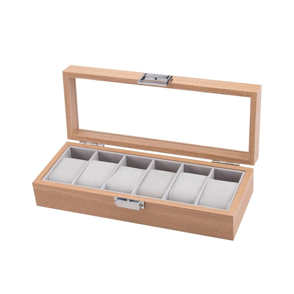 6 Grids Luxe Houten Horloge Doos Horloge Houder Doos Voor Horloges Mannen Glas Top Sieraden Organizer Box 1 2 3 slots Horloge Organizer
