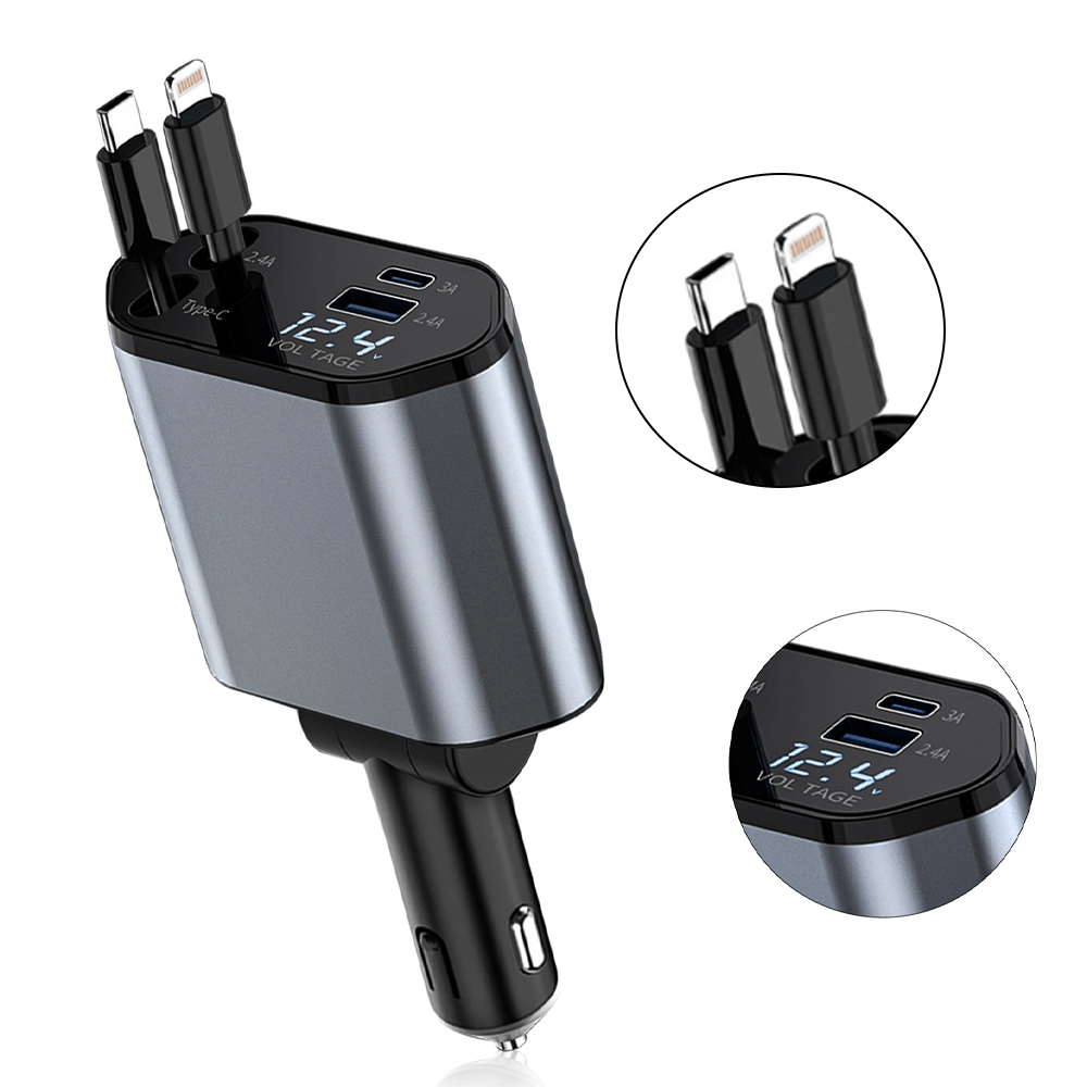 70 W snelle autolader, 4-in-1 intrekbare autotelefoonopladeradapter, intrekbare kabels USB-C en 2 USB-poorten autolader: Black