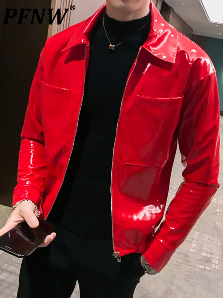 PFNW blouson en cuir brillant pour homme, couleur unie, Slim, rouge, noir, marron, boîte de nuit