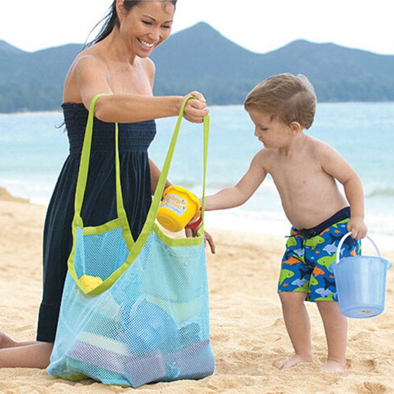 Kids Strand Mesh Netto Verzamelen Speelgoed Grote Opbergtas Zwemmen Wassen Tote Draagbare Vouwen Handtas: Blue large