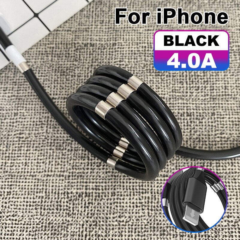 Magnetyczna magiczna lina USB synchronizacja danych błyskawica kabel 4A szybki kabel ładujący dla iPhone 12 11 zawodowiec X XS MAX XR 6 7 8 SE przewód ładowarki: czarny / 1.8 m