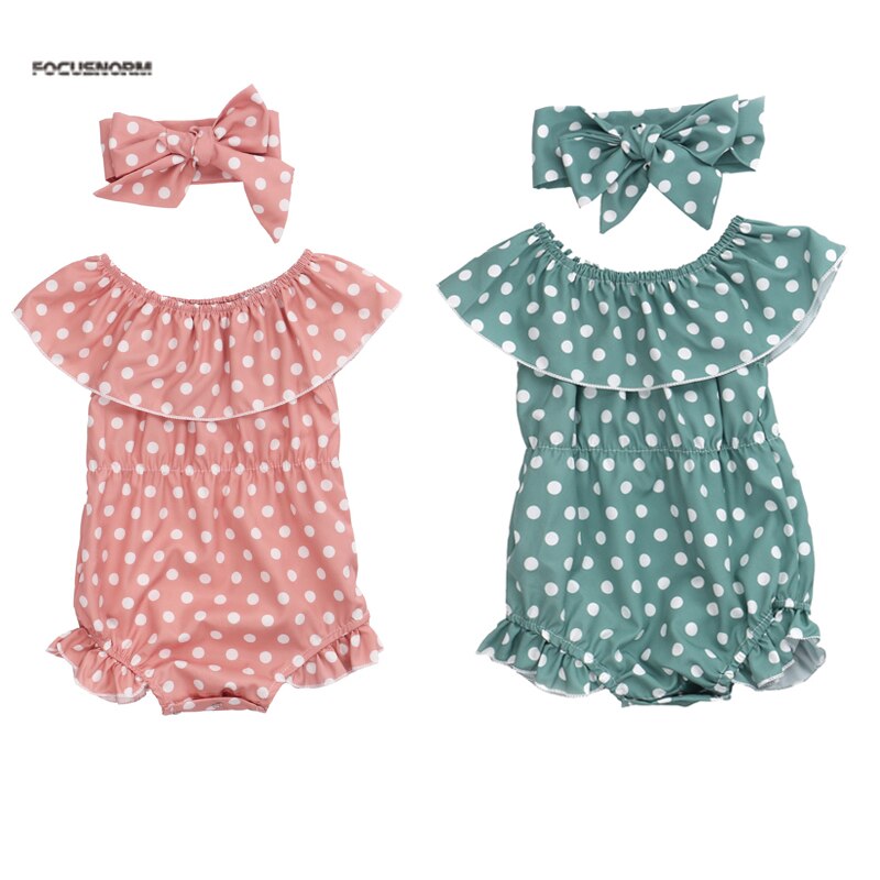 0-24m zomerse schattige babymeisjes-jongens-rompertjes met hoofdband, stippenprint, ruches, mouwen en jumpsuits