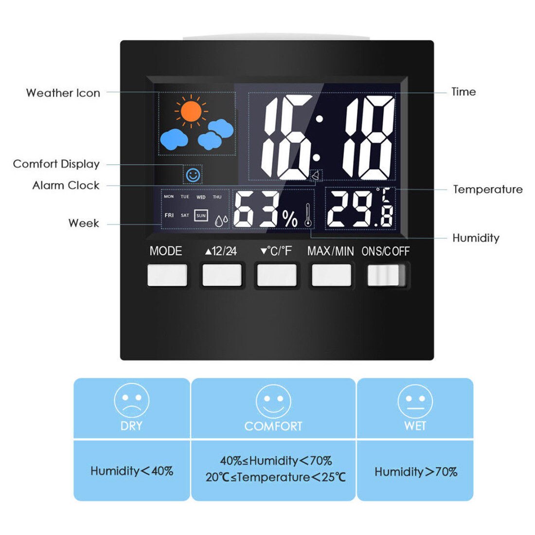 Weather Clock Color Screen Digital Display Thermometer humidity clock Colorful LCD Alarm Calendar Weather Pop