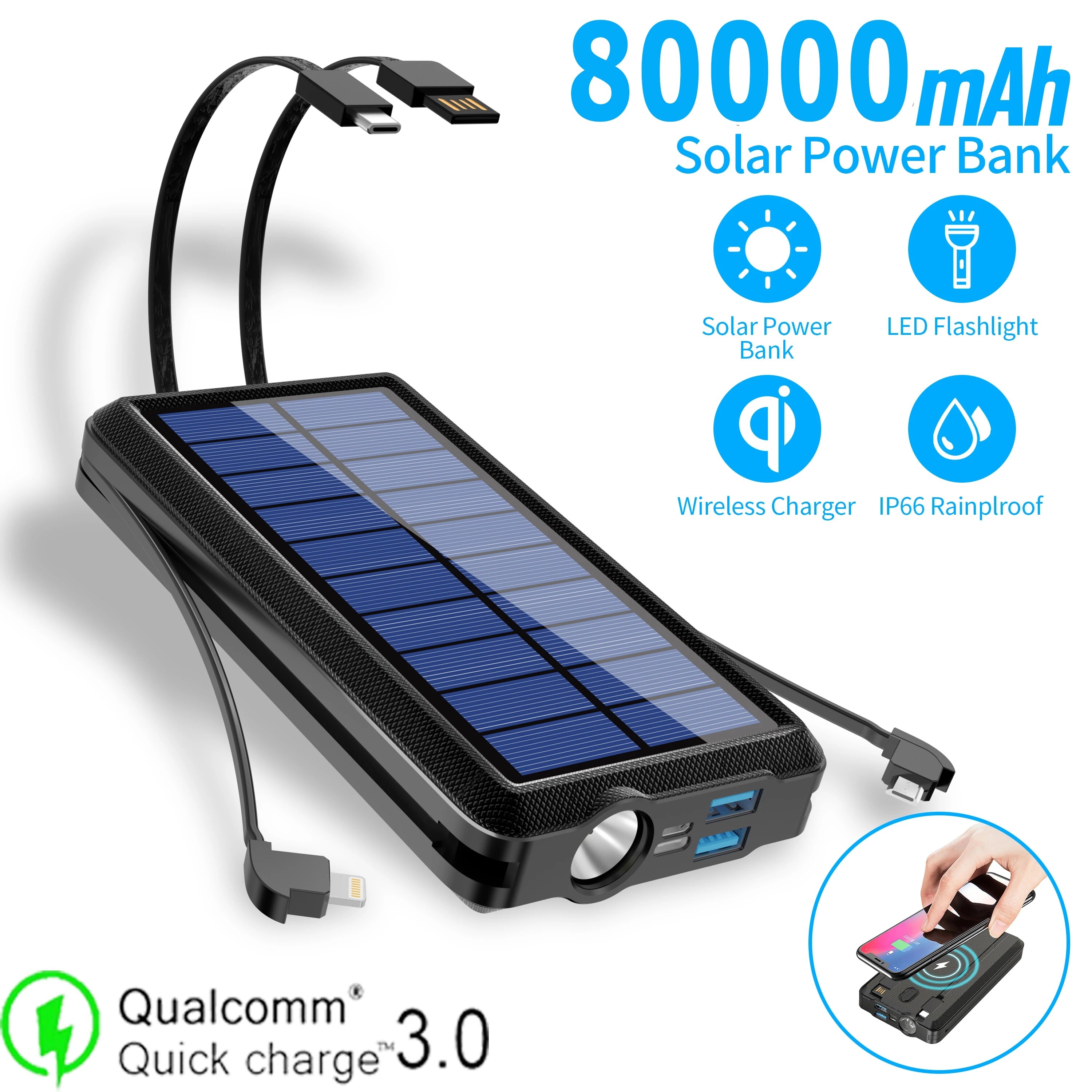 Painel de bateria solar sem fio qi, powerbank portátil de 80000mah com led, bateria externa de emergência para carregamento rápido de iphone samsung