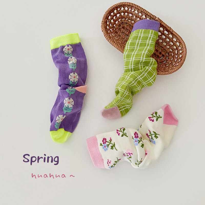 3 paia/lotto Z286 primavera Cototn floreale Plaid coreano ragazze calzini al ginocchio calzini ragazze bambini calzini