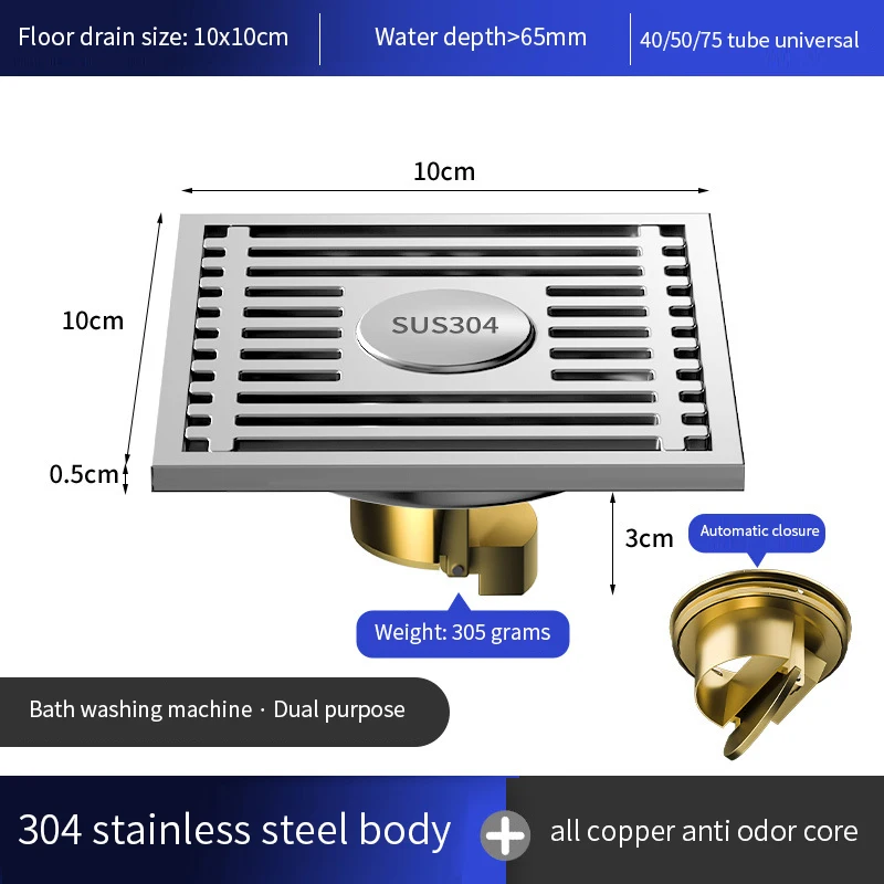 304 scarico a pavimento in acciaio inox addensato deodorante bagno bagno fogna lavatrice tutto rame scarico a pavimento universale: Borgogna