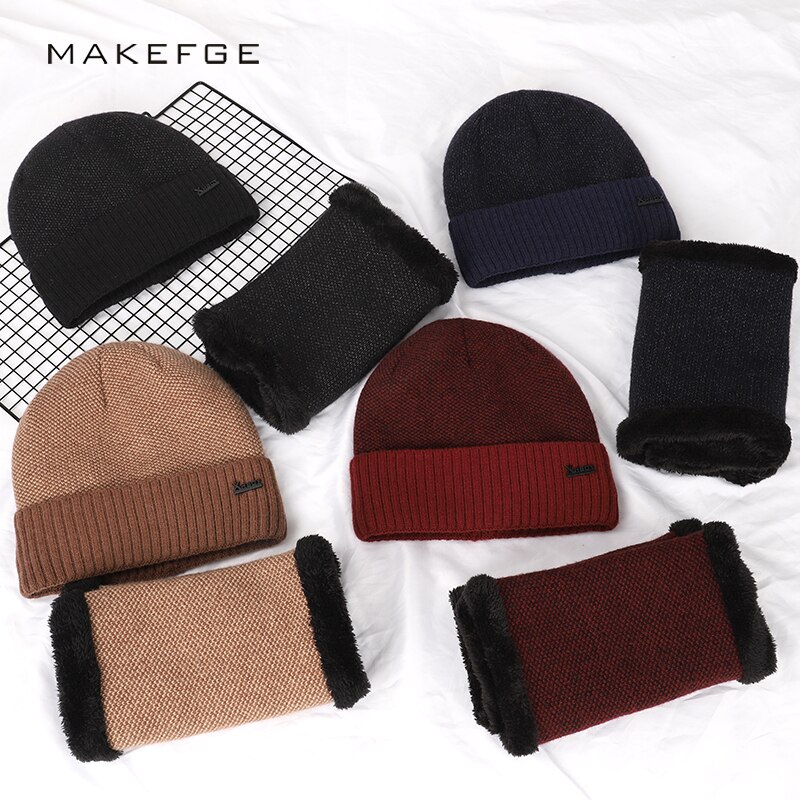 Men Hats Scarf Set Winter Warm 2 Piece Set Male/Female Velvet Skullcap Cotton Beanie Ring Bib XHBOY Outdoor Ski Hedging Cap