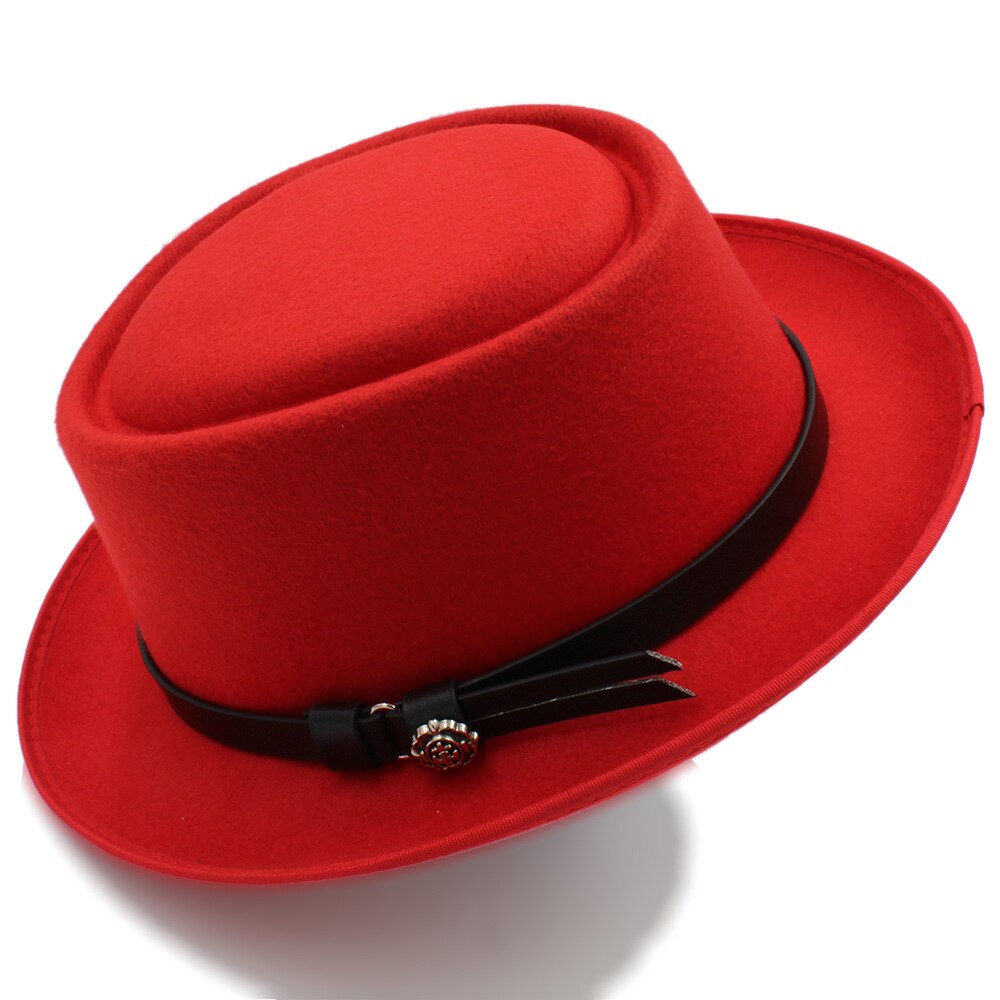 Women's Fedora Hat with Pork Pie Hat for Lady Church Wool Felt Hat Gambler Panama Trilby Hat Size 58cm: Red