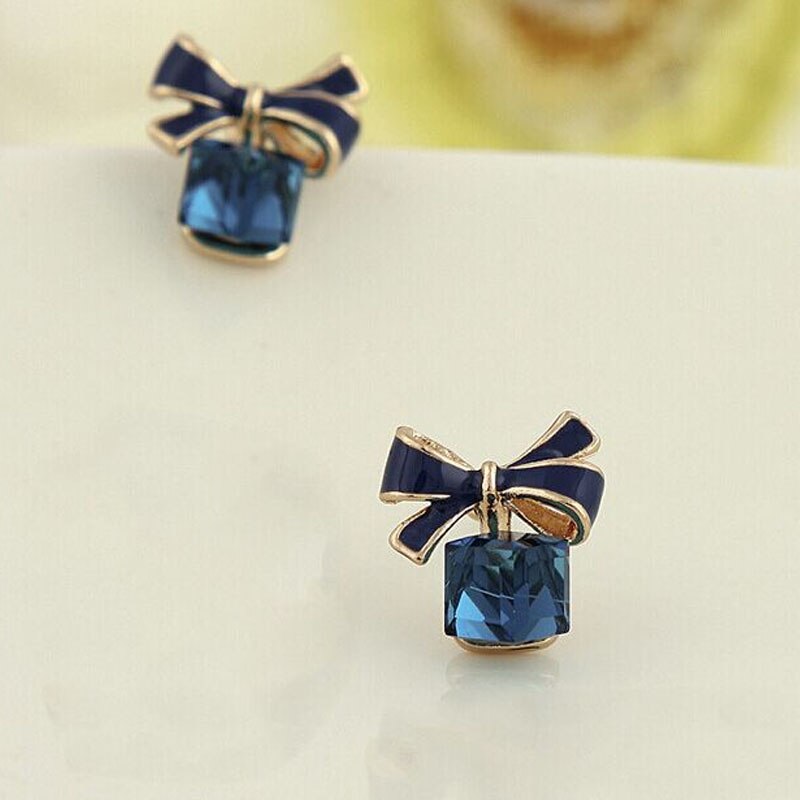 Sieraden Mode Blauwe Kleur Strik Cube Crystal Earring Vierkante Boog Oorbellen Voor Vrouwen Mooie