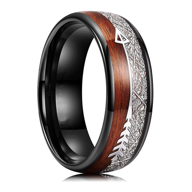 8MM Inner Wall Black Stainless Steel Ring Meteorite Wood Inlaid Arrow Engagement Ring Wedding Ring For Him: 9