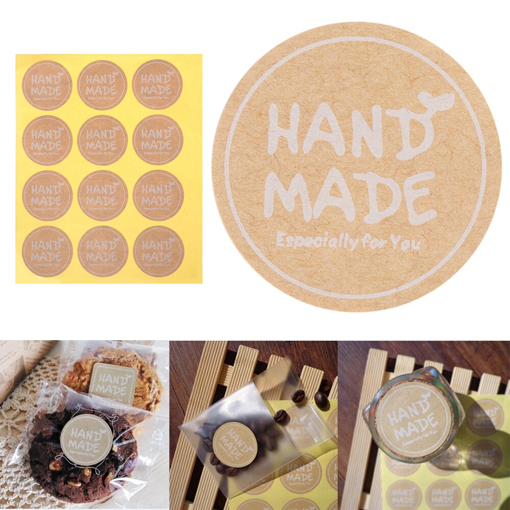 12PCS Labels Round Natural Kraft HAND MADE Sticker seal labes Self-adhesive Paper Stationery Sticker